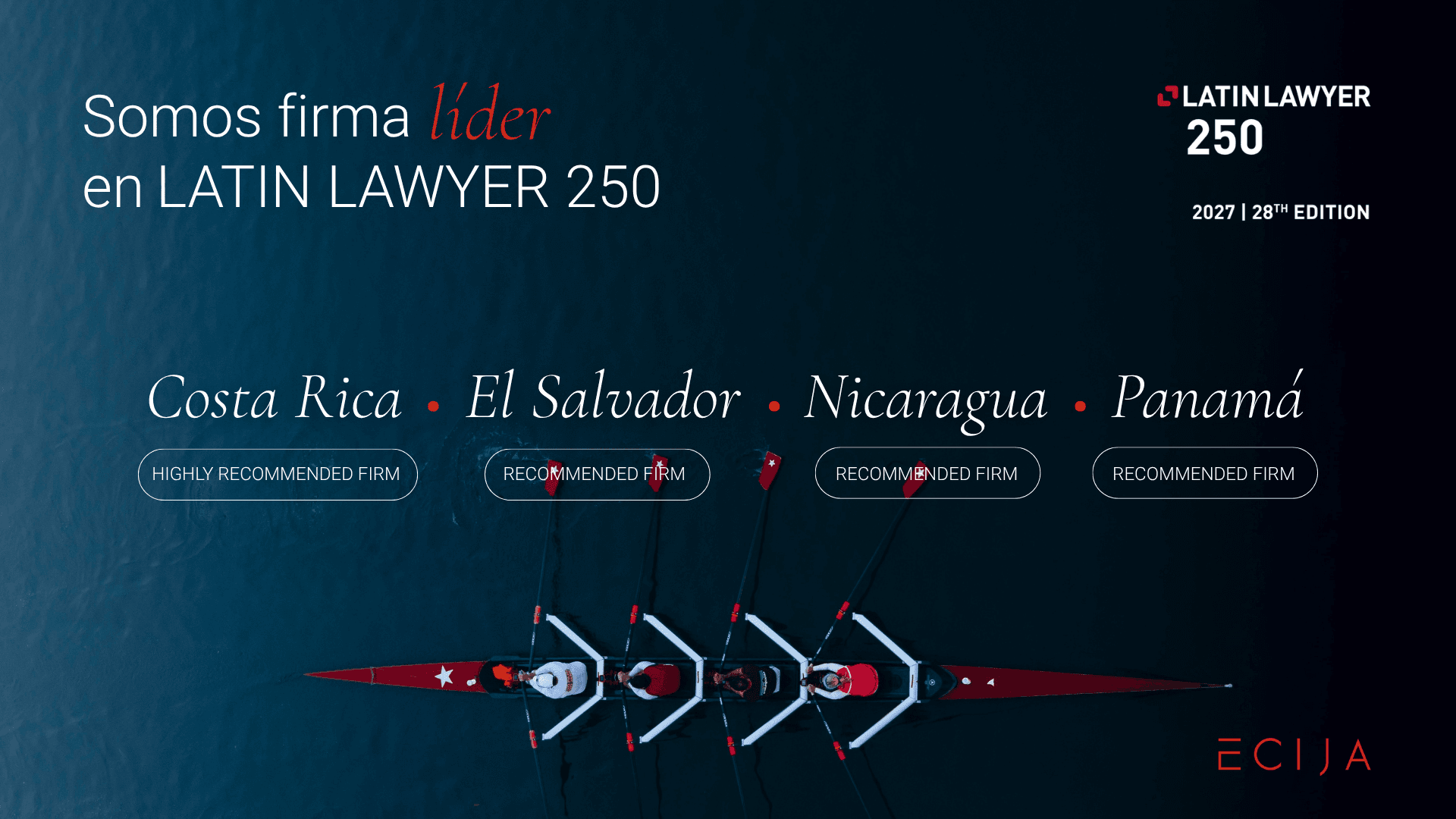 La imagen destaca a la firma ECIJA como líder en el ranking Latin Lawyer 250 de 2027, incluyendo países de Centroamérica.
