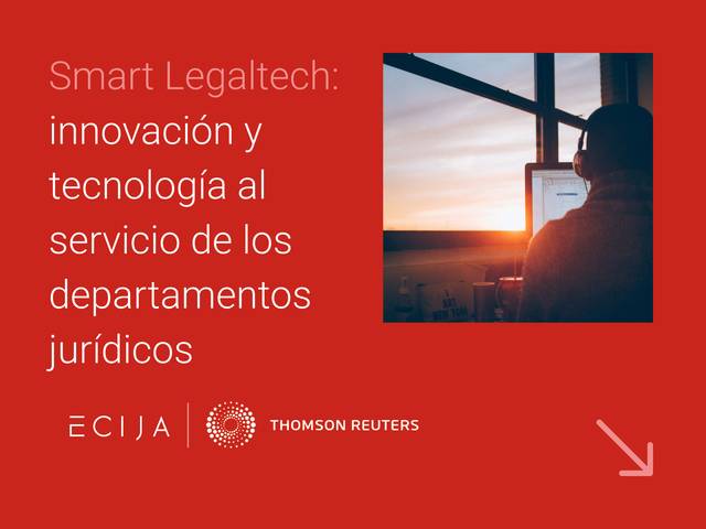 La imagen presenta un fondo rojo con texto sobre innovación en legaltech y un atardecer visible por la ventana.