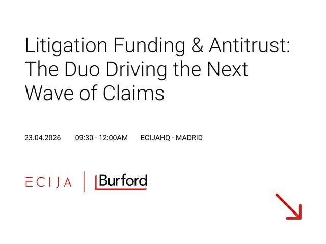 Anuncio sobre un evento relacionado con financiación de litigios y antimonopolio en Madrid.