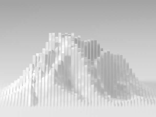 La imagen muestra una estructura en forma de montaña compuesta por múltiples barras verticales blancas que crean un efecto tridimensional.