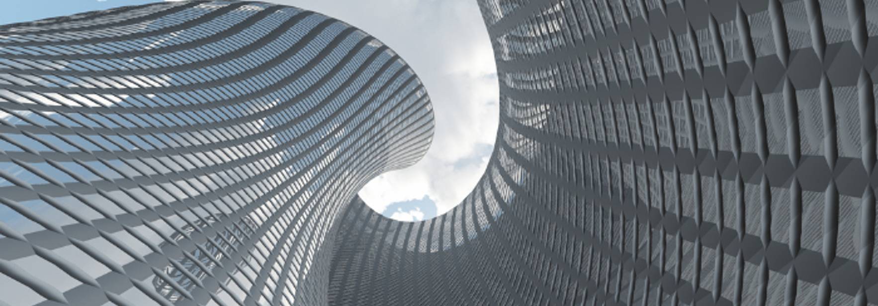 Una vista desde abajo de una estructura arquitectónica moderna con formas onduladas y un fondo de cielo nublado.