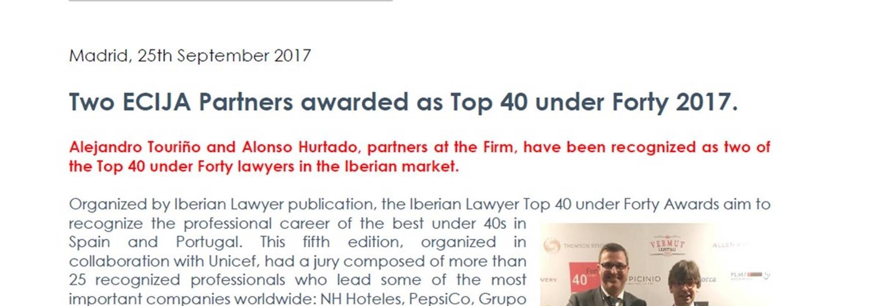 Two ECIJA Partners awarded as Top 40 under Forty 2017
