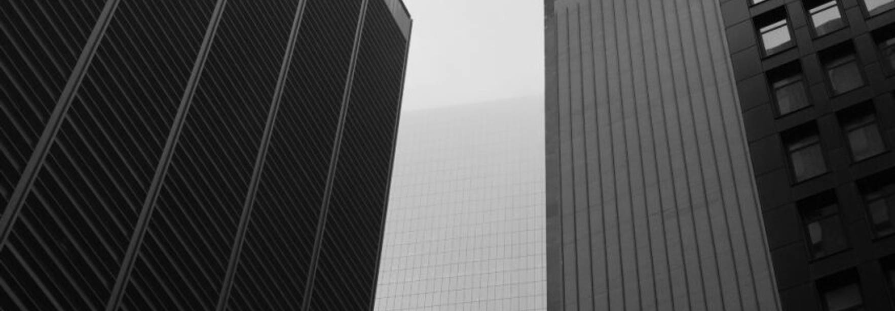 Una vista en blanco y negro de rascacielos que desafían la niebla en la ciudad.