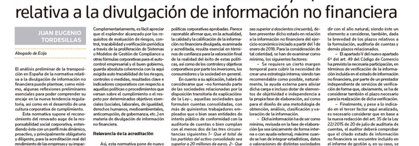 Reflexiones básicas sobre la nueva ley 11/2018 relativa a la divulgación de información no financiera