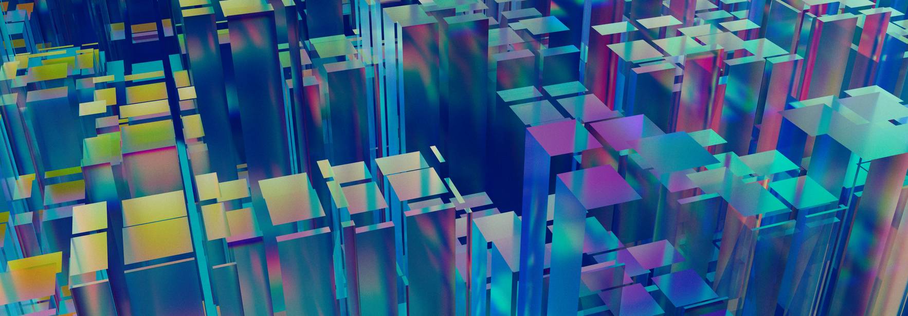 Una composición abstracta de bloques tridimensionales en tonos vibrantes de azul, verde y amarillo.