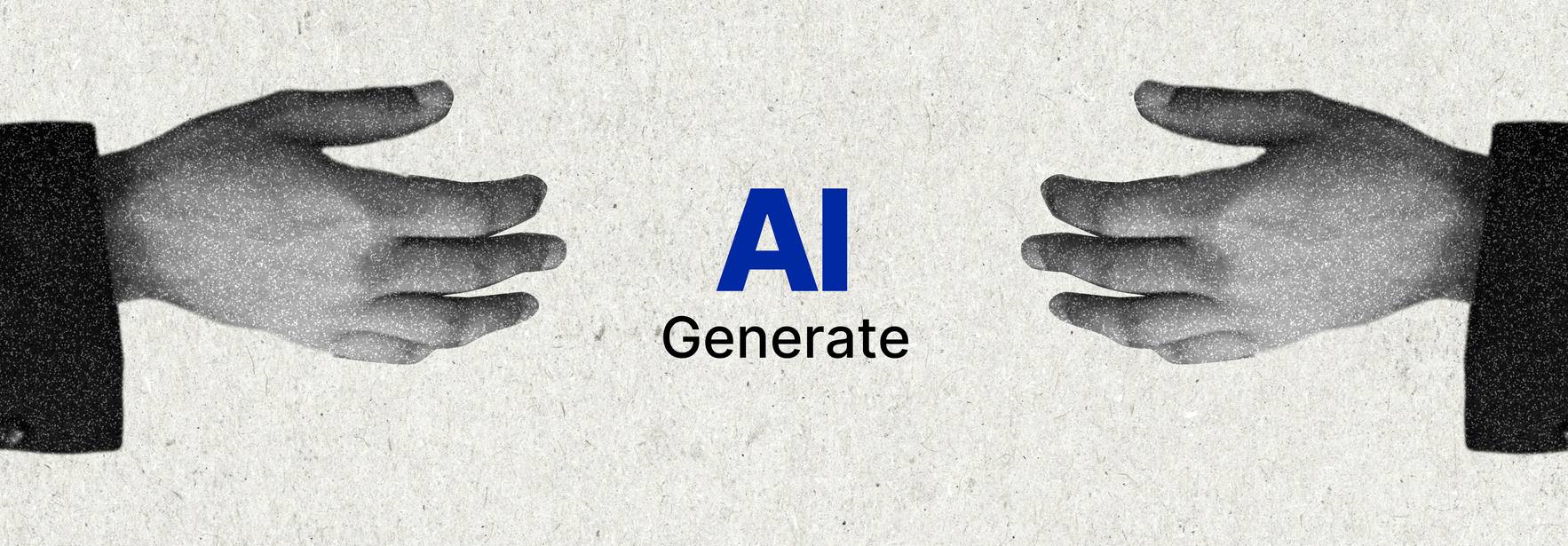 La imagen muestra dos manos extendidas hacia adelante con las palabras 'AI' y 'Generate' en el centro.
