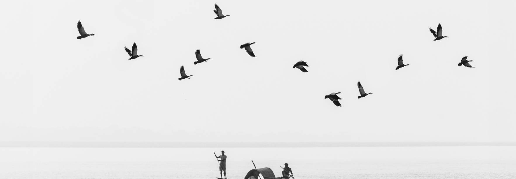 Dos personas en una barca bajo un cielo gris con aves volando en formación.