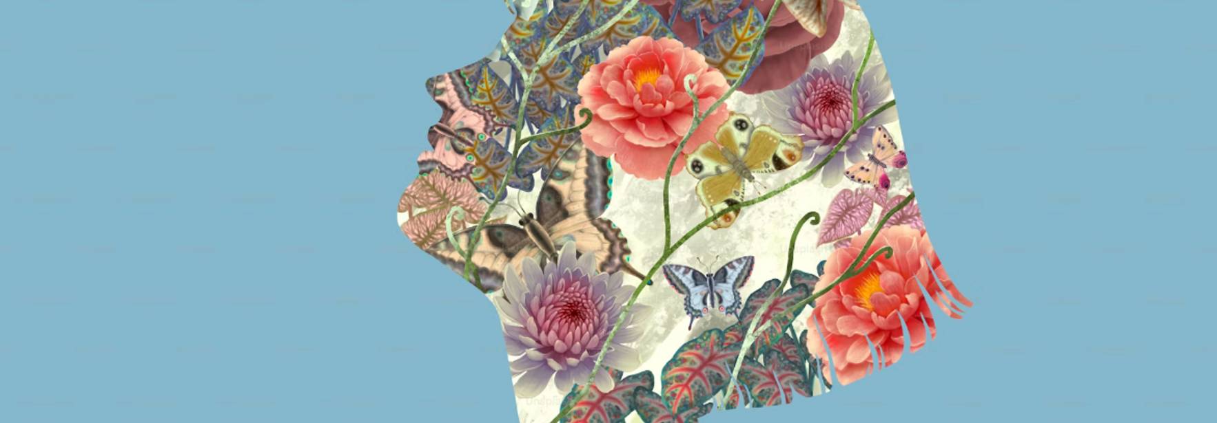 La imagen representa la silueta de una mujer llena de flores y mariposas en un fondo azul.