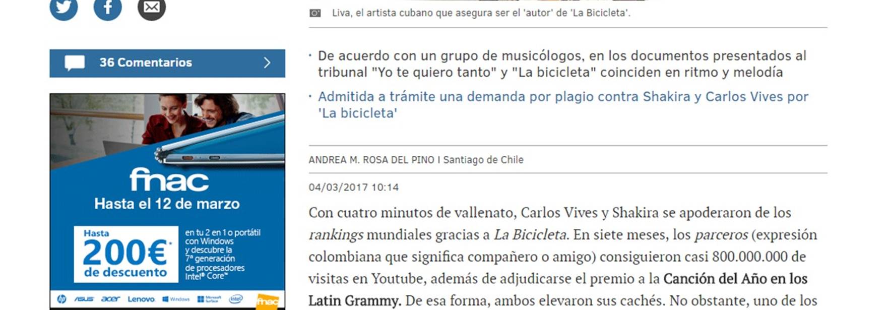Shakira es demandada por plagio en "La Bicicleta"