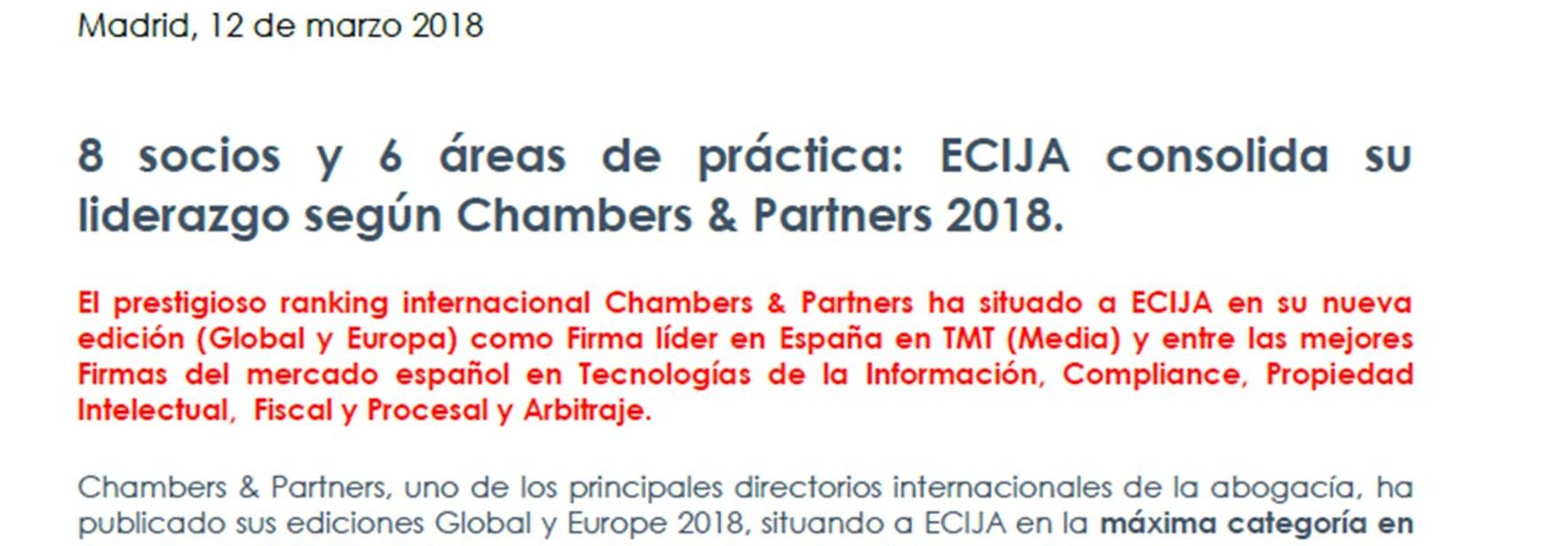 8 socios y 6 áreas de práctica: ECIJA consolida su liderazgo según Chambers & Partners 2018