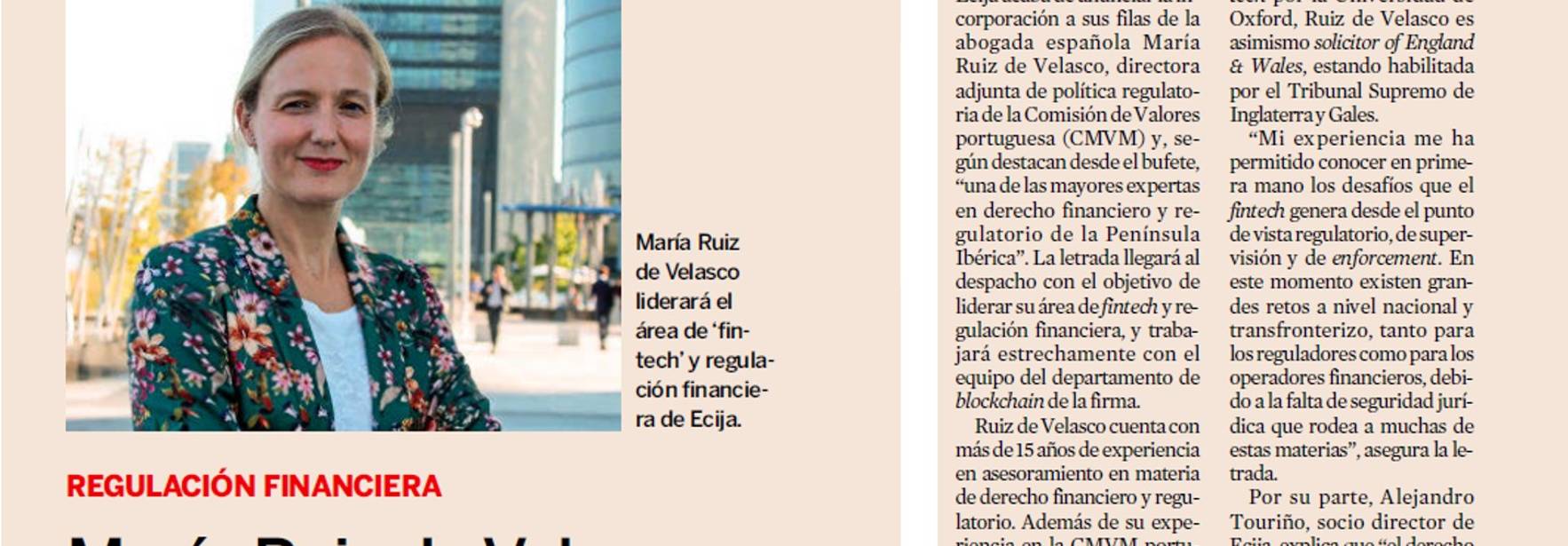 Expansión - María Ruiz de Velasco liderará el área de Fintech de ECIJA