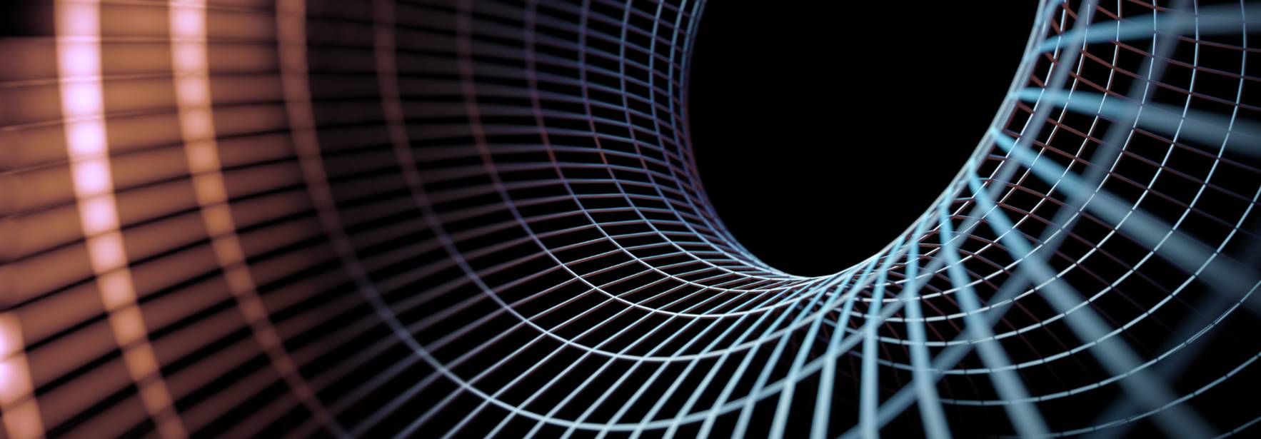 La imagen muestra una estructura de red tridimensional que parece un tubo en perspectiva, con líneas suaves y colores que van del azul al rosa sobre un fondo oscuro.