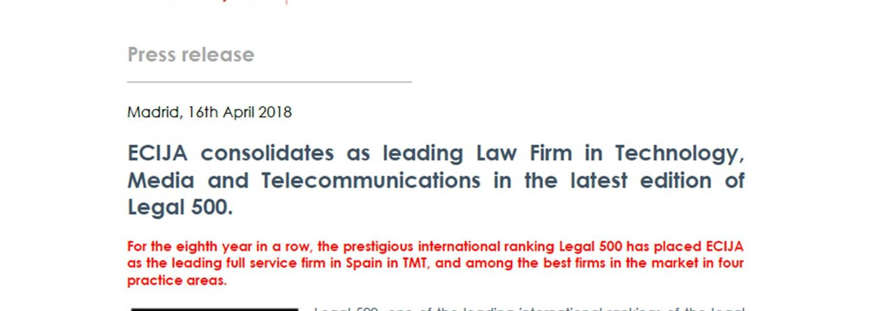 ECIJA consolidates as leading Law Firm in Technology, Media and Telecommunications in the latest edition of Legal 500.