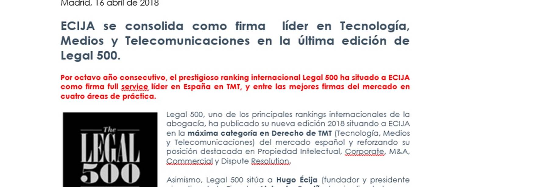 ECIJA se consolida como firma  líder en Tecnología, Medios y Telecomunicaciones en la última edición de Legal 500