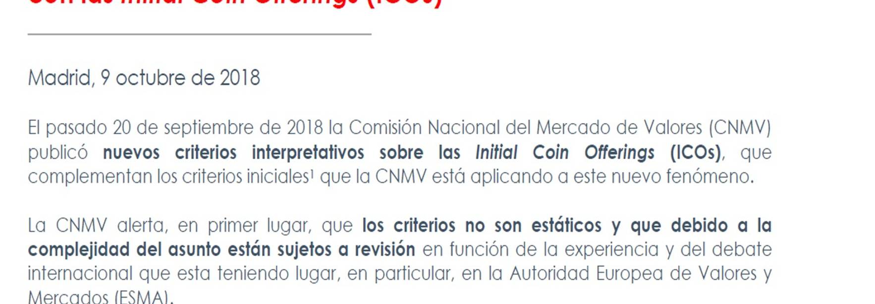 Nota informativa – Nuevos criterios de la CNMV en relación con las Initial Coin Offerings (ICOs)