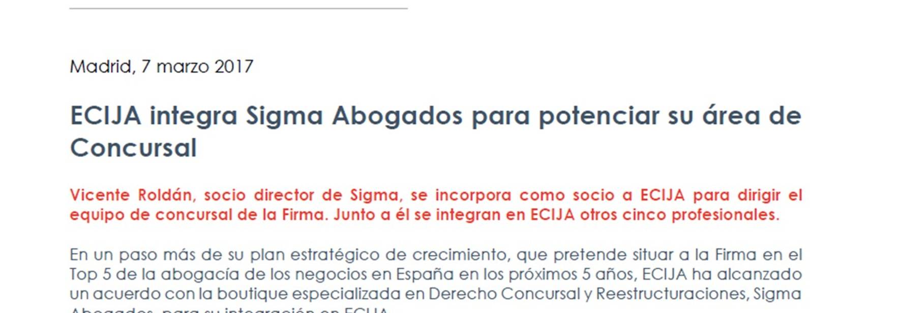 ECIJA integra Sigma Abogados para potenciar su área de Concursal