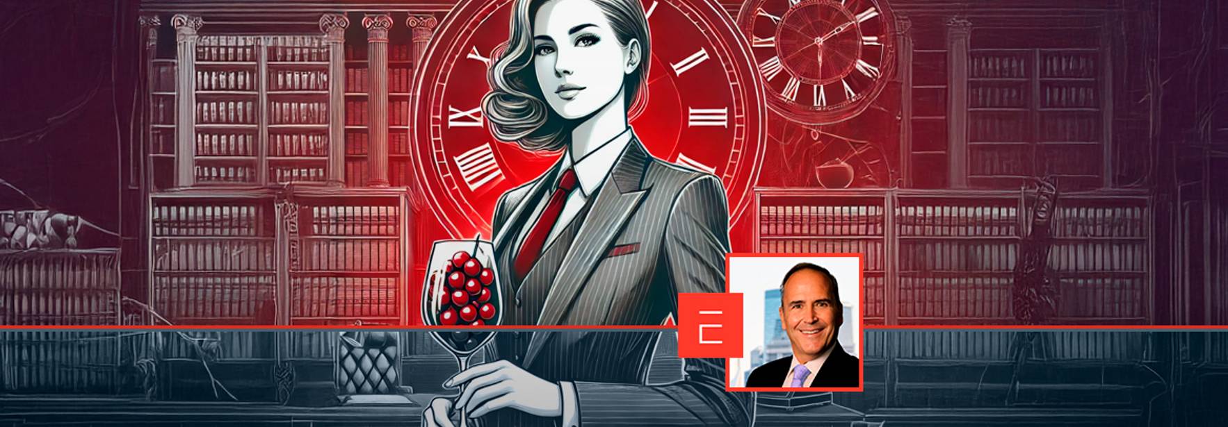 Una mujer elegante sostiene una copa con uvas en un fondo con estanterías y un reloj antiguo.