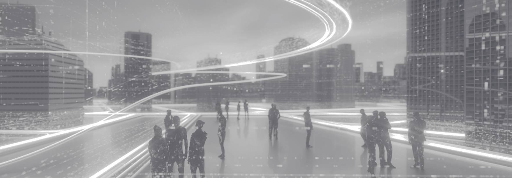 Una escena urbana futurista en blanco y negro con figuras humanas y luces brillantes en movimiento.