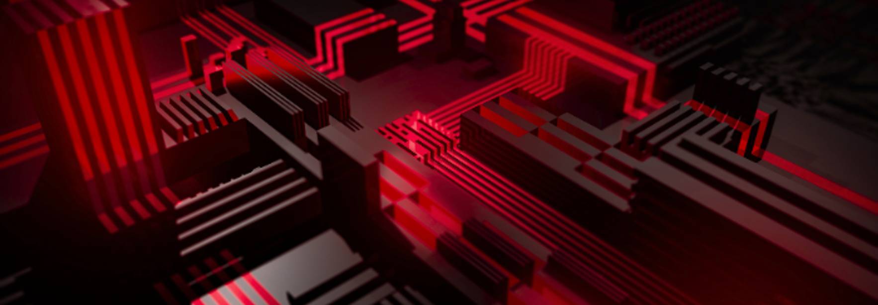 Una imagen abstracta que muestra un diseño tecnológico con líneas rojas sobre un fondo oscuro.