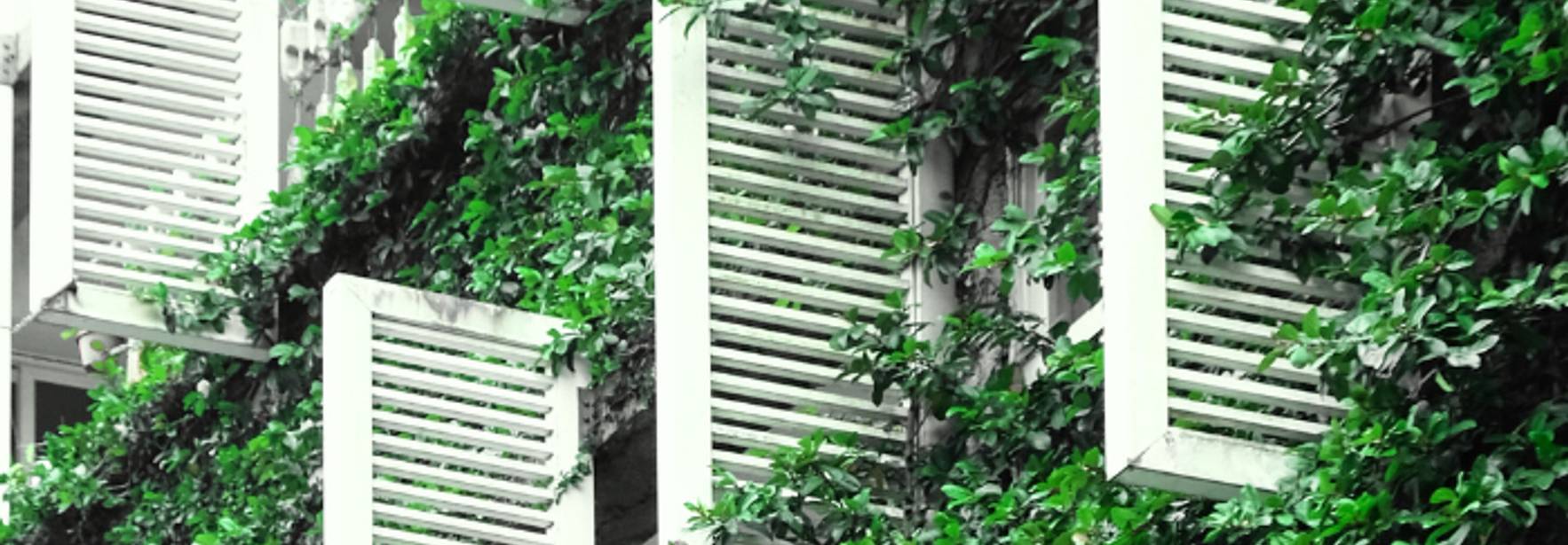 Imagen de una fachada con plantas verdes y persianas blancas en un patrón ordenado.
