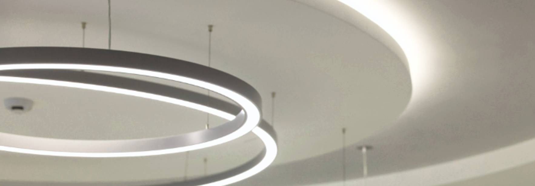 La imagen muestra un diseño moderno de luces en el techo con forma circular y un acabado elegante.