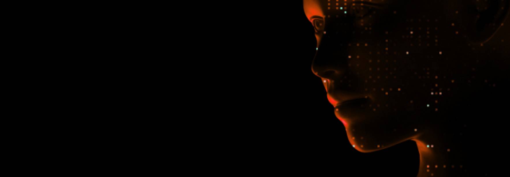 La imagen muestra el perfil de un rostro humano iluminado con un patrón de luces brillantes en un fondo oscuro.