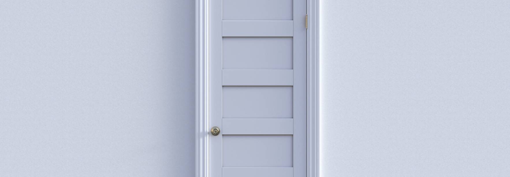 Una puerta blanca con paneles en una pared lisa.