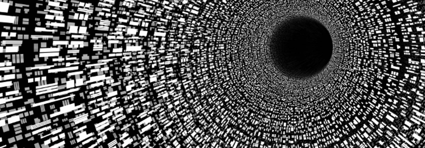 Una representación abstracta de un túnel en blanco y negro que se expande hacia el infinito.
