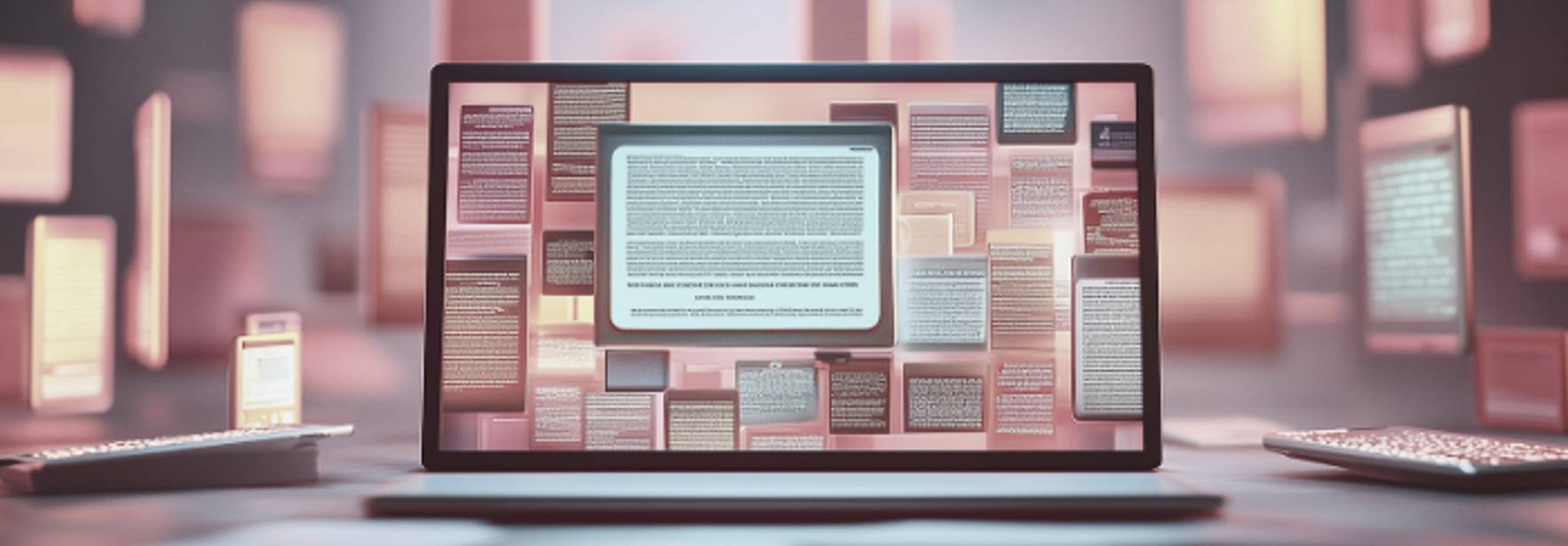 Una computadora portátil rodeada de múltiples pantallas que parecen flotar, llenas de textos y documentos en un ambiente digital.