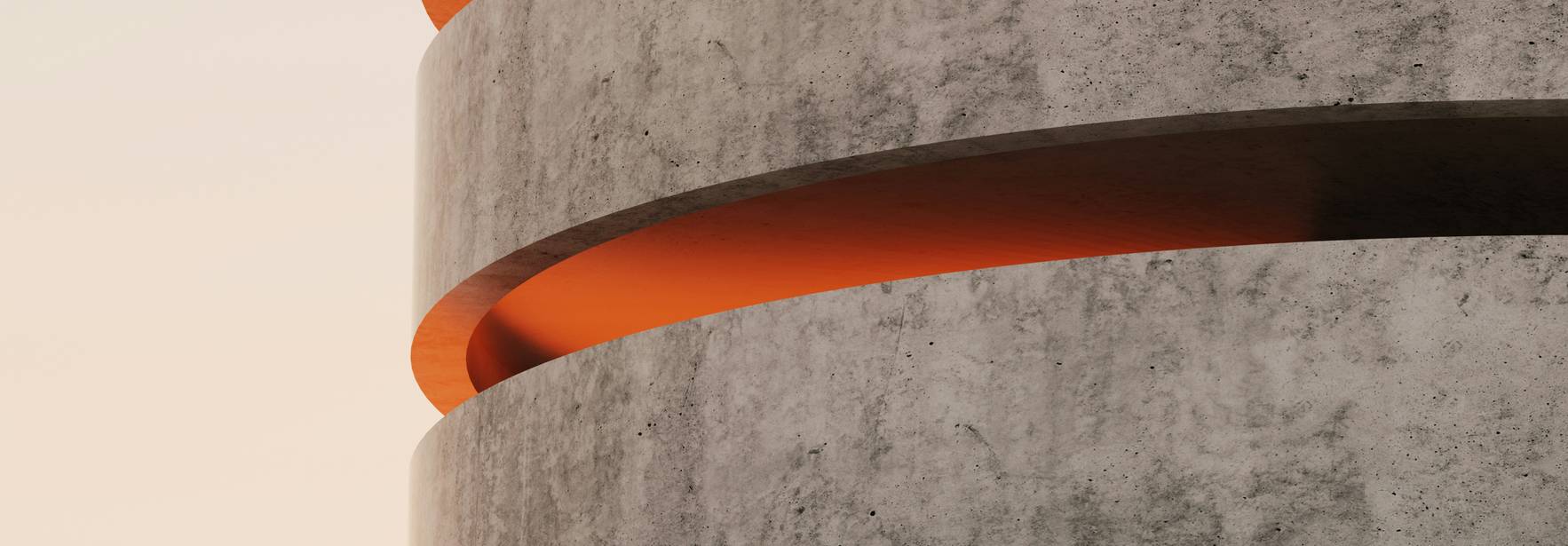 Una estructura arquitectónica con capas de concreto y un resplandor naranja.