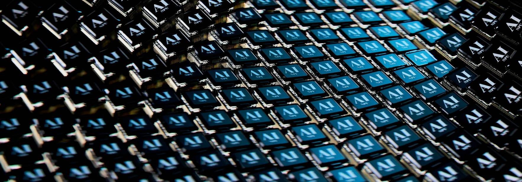 Una imagen que muestra un patrón repetitivo de teclas de un teclado con fondo oscuro y luces azules.