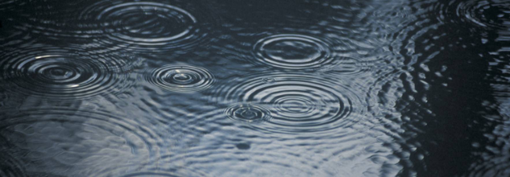 La imagen muestra ondas de agua provocadas por gotas de lluvia en una superficie oscura.