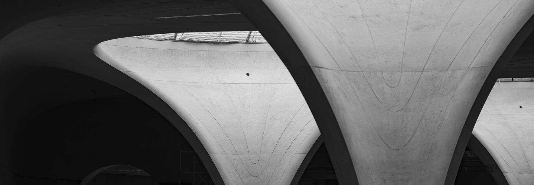 Una imagen en blanco y negro que muestra estructuras arquitectónicas con formas curvas y modernas.