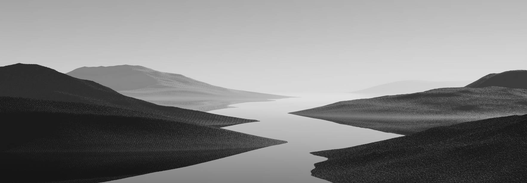 Una imagen en blanco y negro de un paisaje montañoso con un río que lo atraviesa.