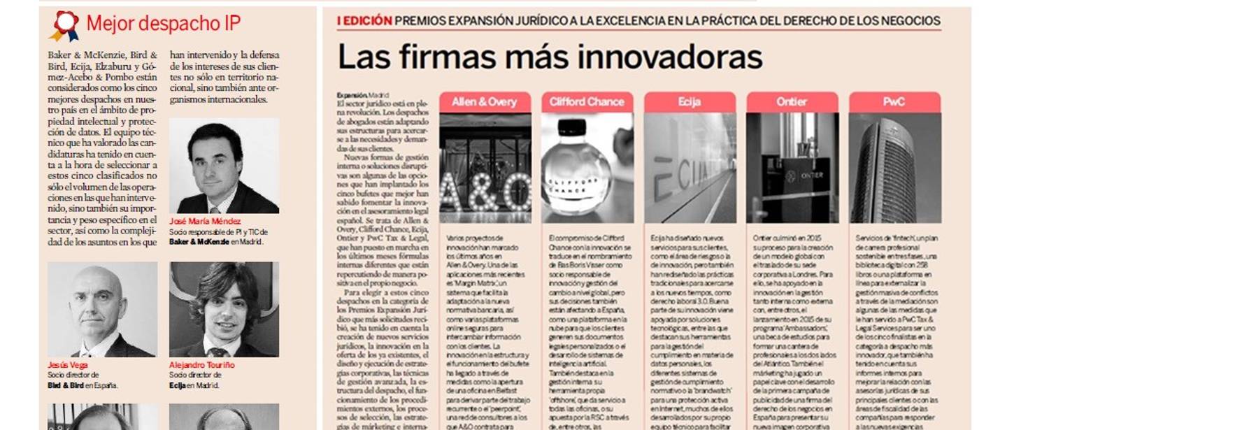 ECIJA nominada como mejor firma de IP/IT/PD y despacho más innovador en los Premios Expansión