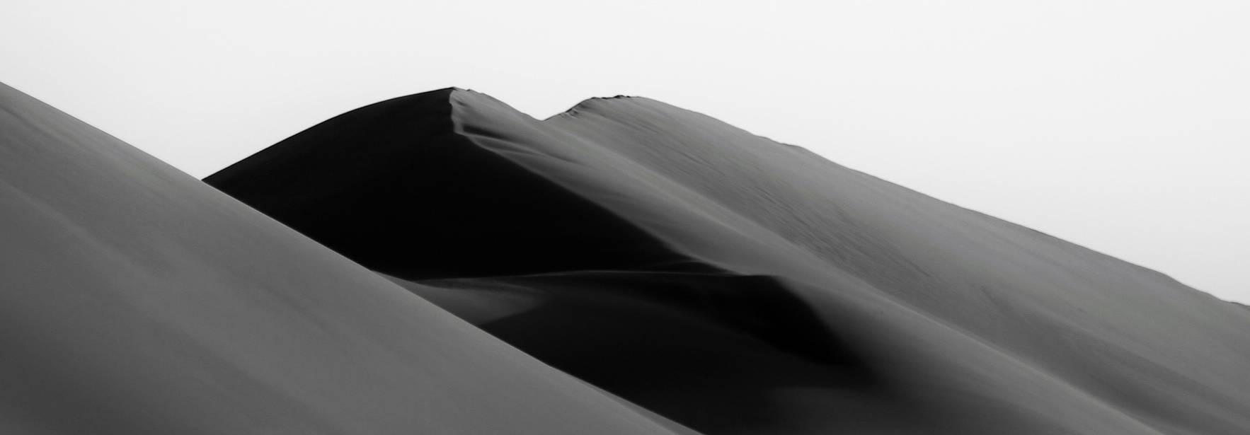 Un paisaje desértico en blanco y negro con dunas de arena suavemente modeladas.