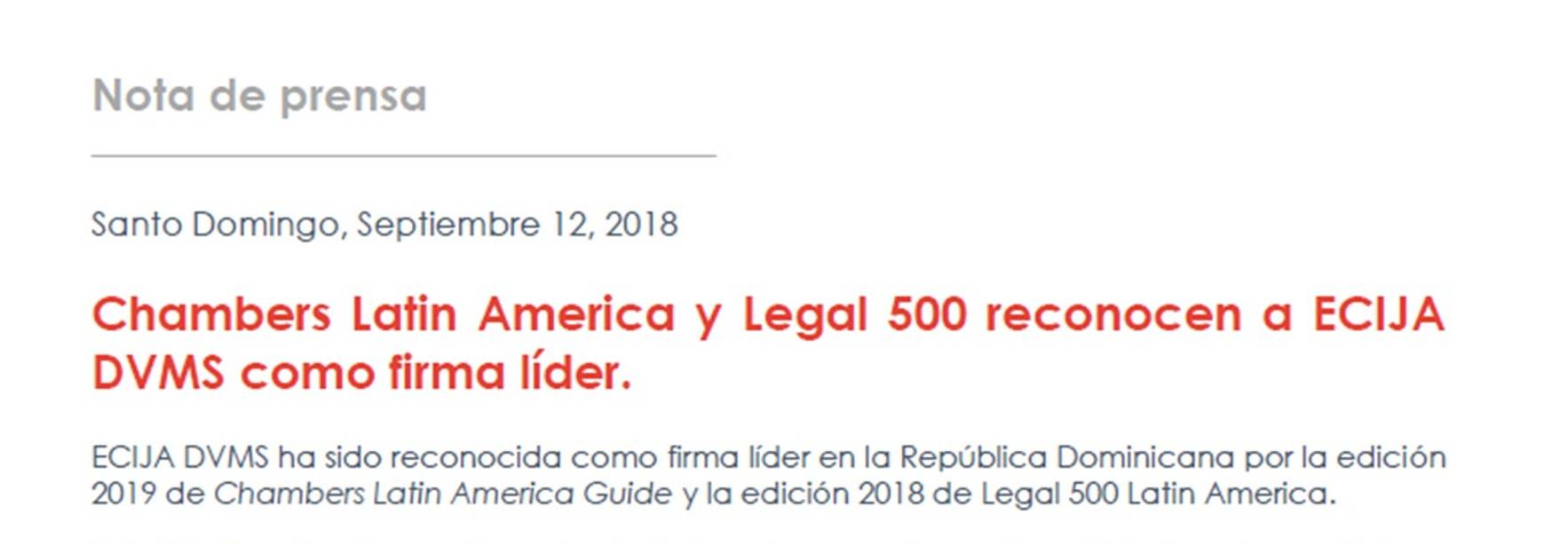 Chambers Latin America y Legal 500 reconocen a ECIJA DVMS como firma líder
