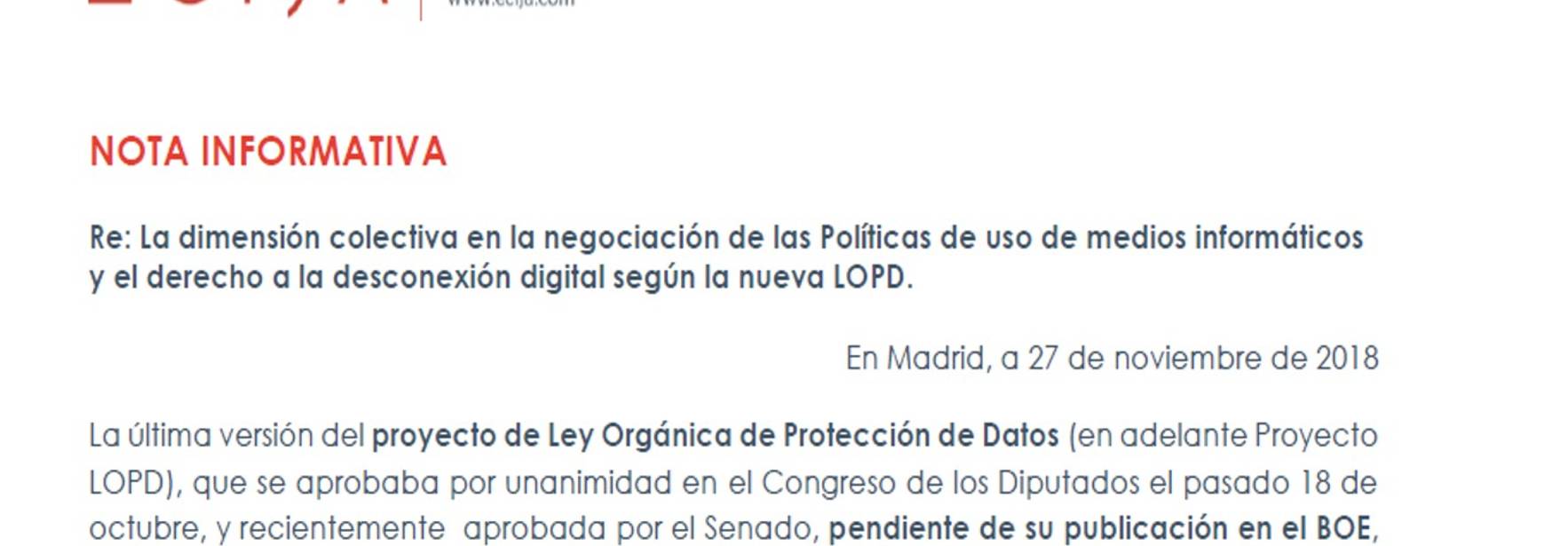 Nota informativa - Política de medios y desconexión digital nueva LOPD