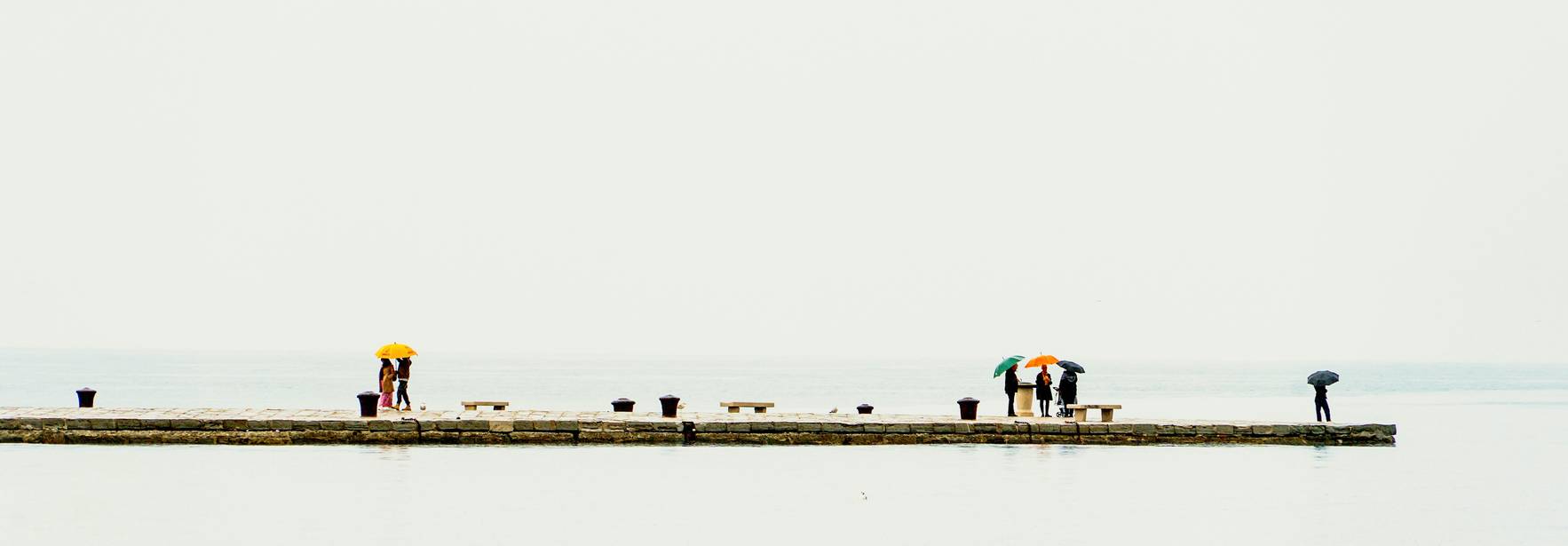 Un grupo de personas con paraguas trabaja en un muelle rodeado de agua tranquila en un día nublado.