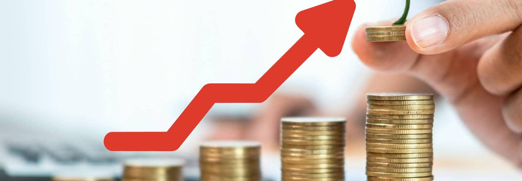 La imagen muestra un crecimiento financiero representado por monedas y una planta emergiendo de una de ellas.