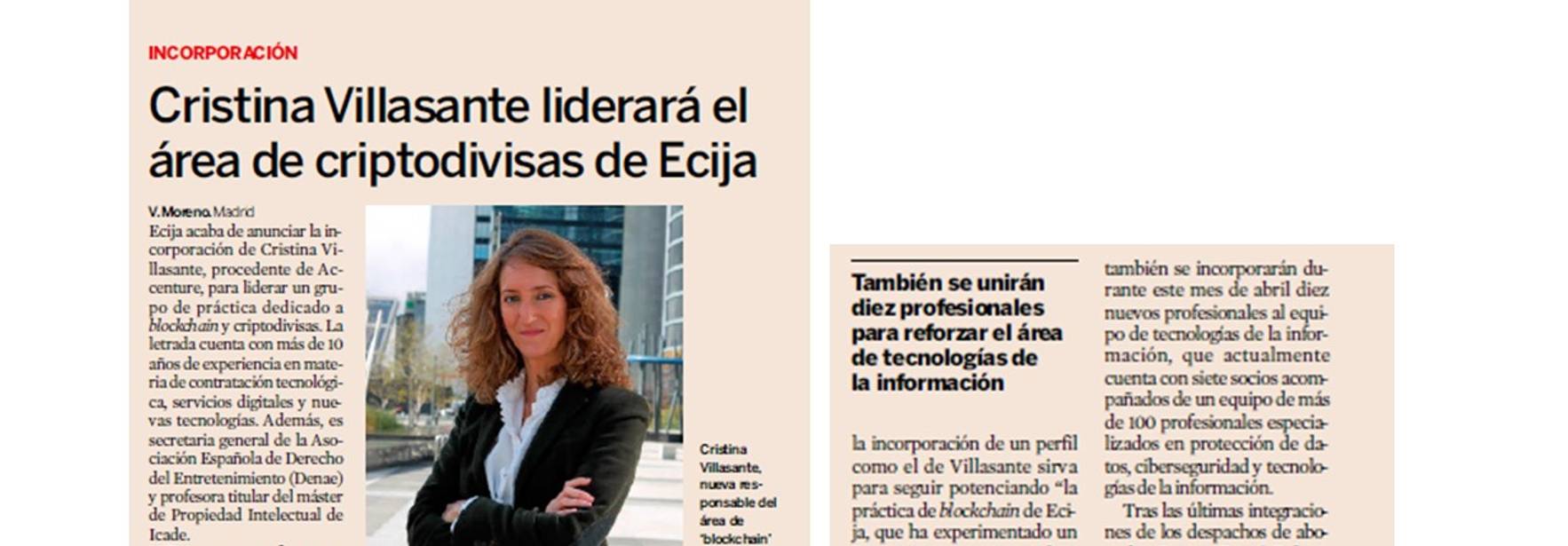 Expansión - Cristina Villasante will lead the blockchain and cryptocurrency practice area of ECIJA