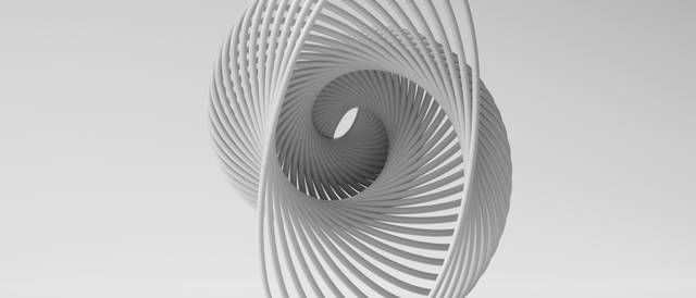 Escultura moderna en forma de espiral blanca sobre un fondo claro.