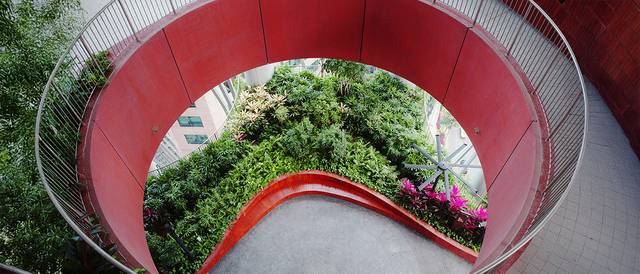 La imagen muestra una escalera en espiral rodeada de vegetación y flores coloridas en un ambiente urbano.