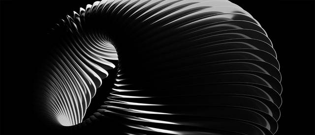 La imagen muestra una estructura en forma de espiral con estrías, en blanco y negro, que evoca una sensación de movimiento y fluidez.