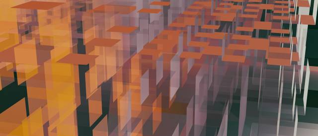 Una abstracción visual que combina formas geométricas en tonos naranjas y transparentes.
