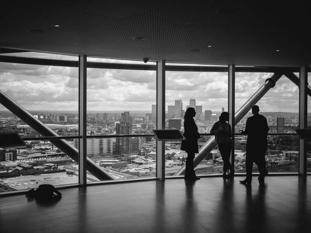 Un grupo de personas observa una vista panorámica desde un edificio alto en una ciudad.