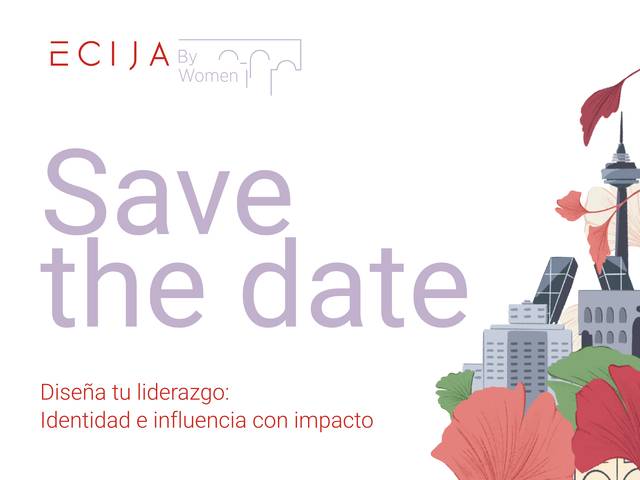Un cartel que invita a guardar la fecha para un evento sobre liderazgo femenino.