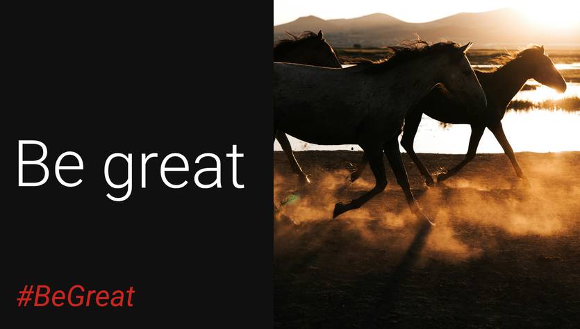 La imagen muestra una manada de caballos corriendo en un ambiente natural con un atardecer de fondo.