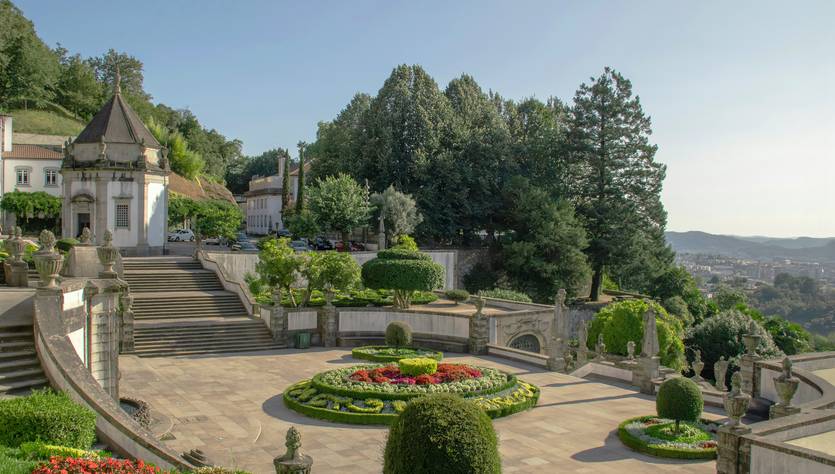 Un hermoso jardín paisajístico con plantas bien cuidadas y una vista panorámica.