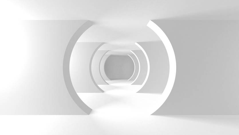 Un pasillo futurista y minimalista de color blanco.